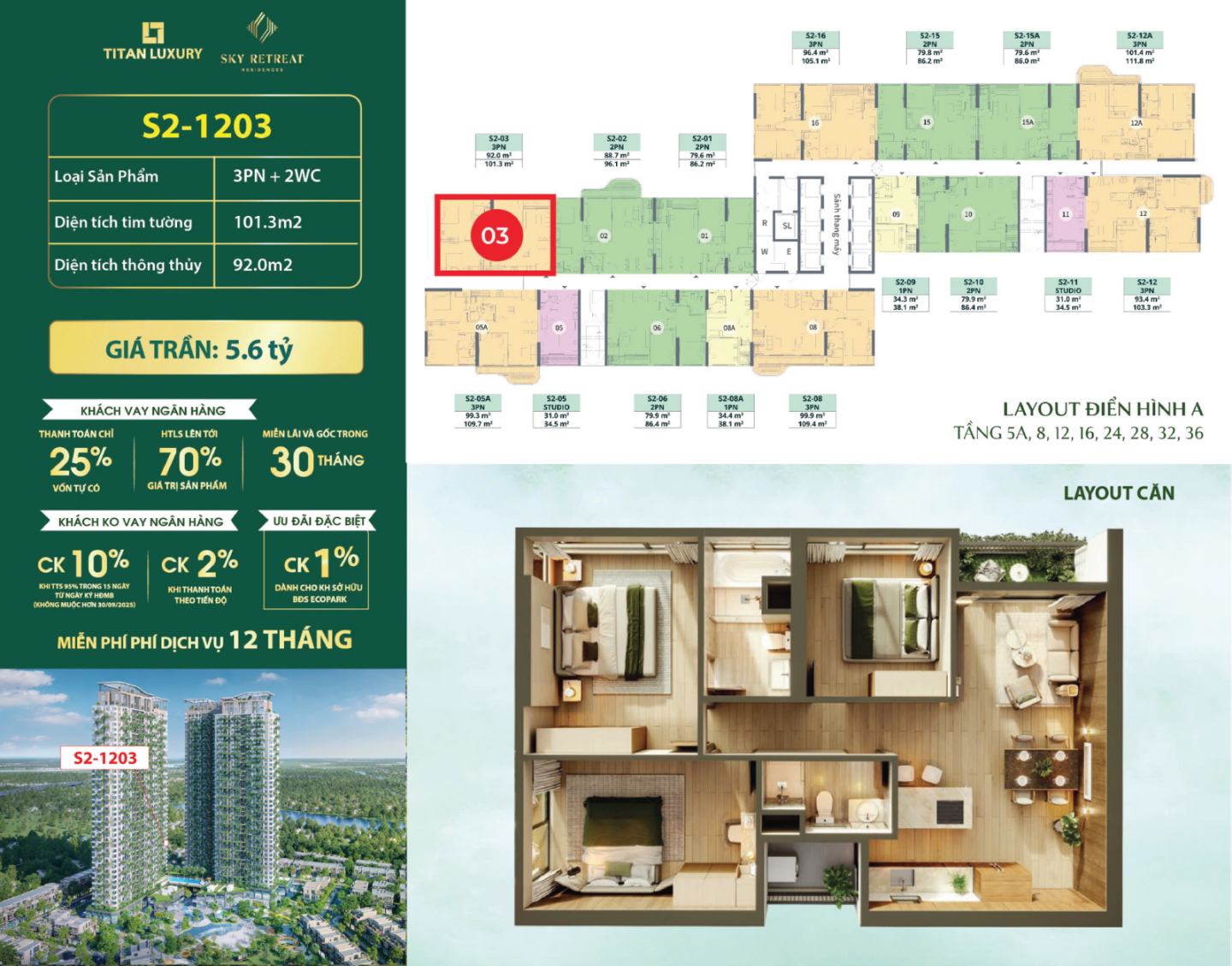 Căn hộ 3 phòng ngủ Sky Retreat trục 03