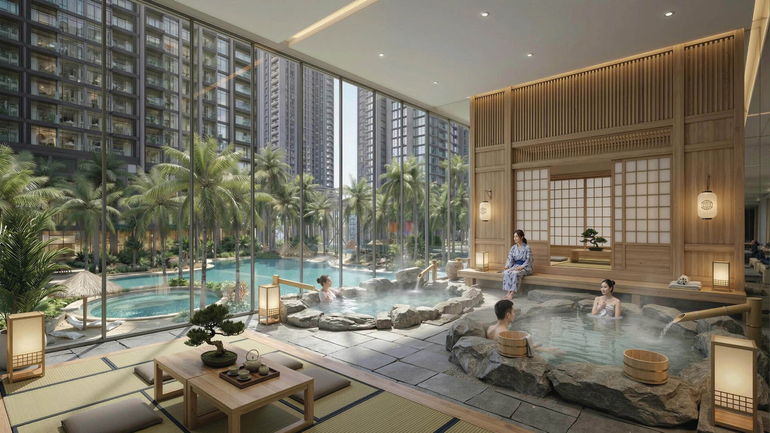 Cư dân Alumi sẽ được tận hưởng tắm onsen từ mạch khoáng nóng tự nhiên